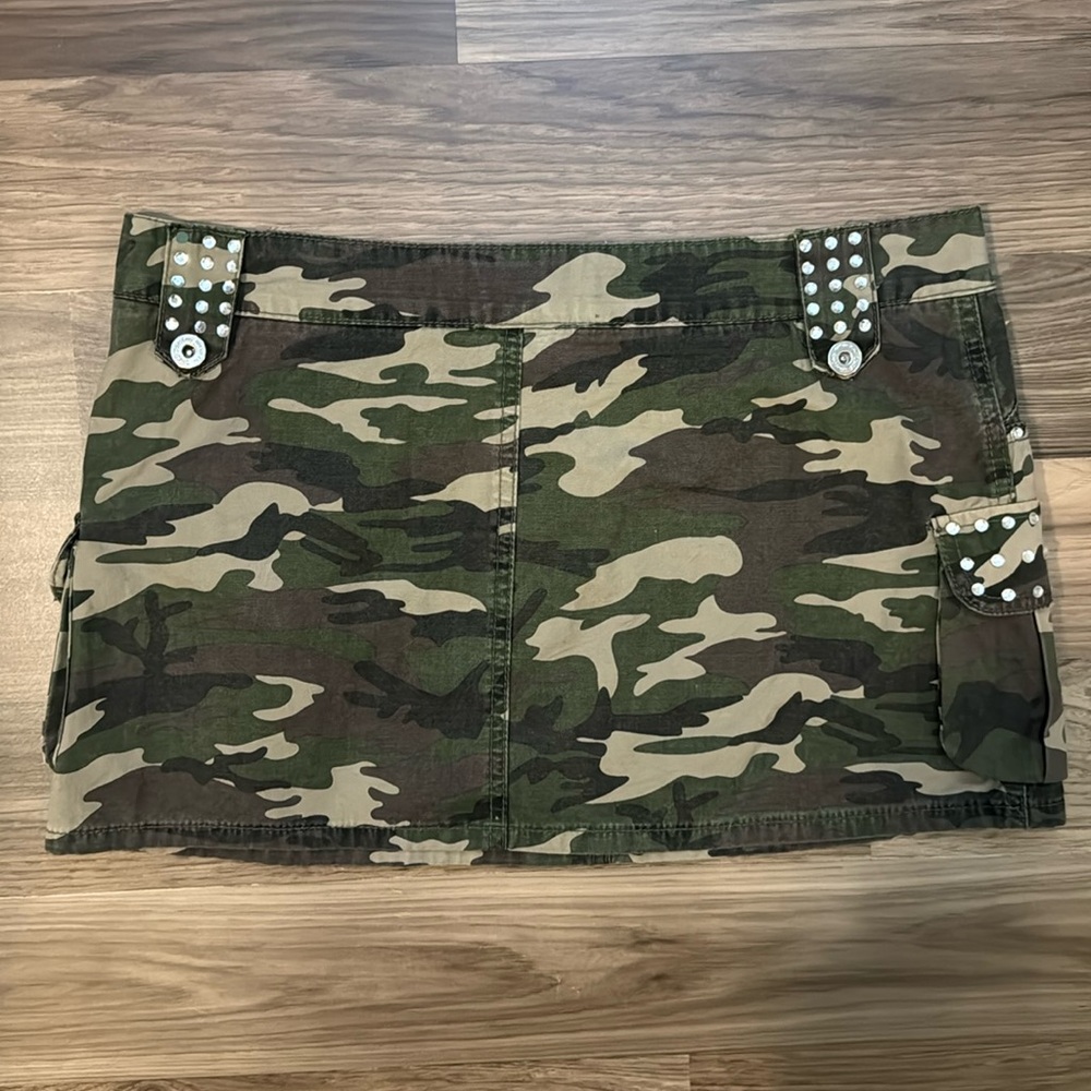 Tell Premium Surplus Camo Swarovski Crystal Patches 5 Pockets Zip Mini Skirt L - Picture 10 of 15